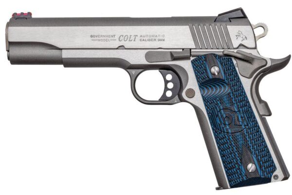 Colts manufacturing competition ss semi automatic metal frame pistol full size 9mm 5 barrel steel stainless finish g10 checkered blue grips novak red fiber optic front sight novak adjust